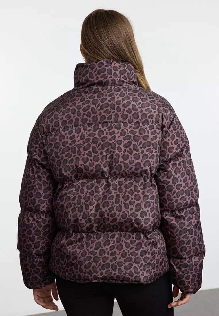 Multi-Colored Brown Leopard Patterned Oversize Puffer Jacket TWOAW25MO00222