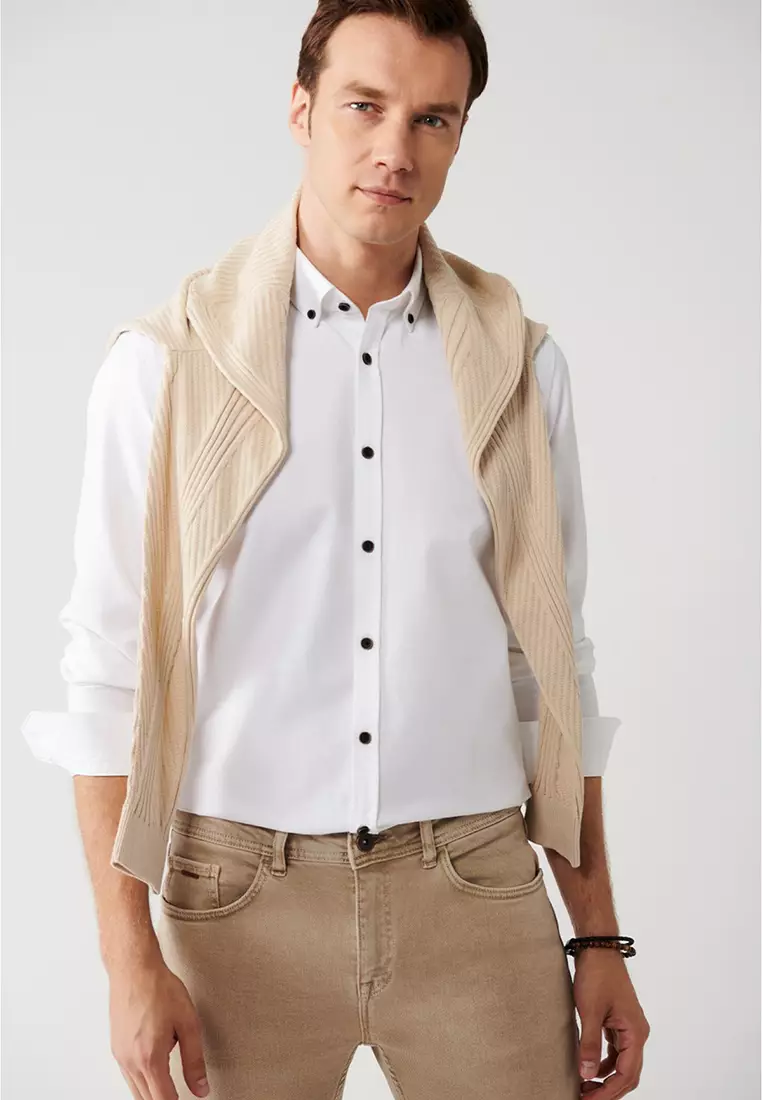 Men's White 100% Cotton Buttoned Collar Shirt A32Y2120
