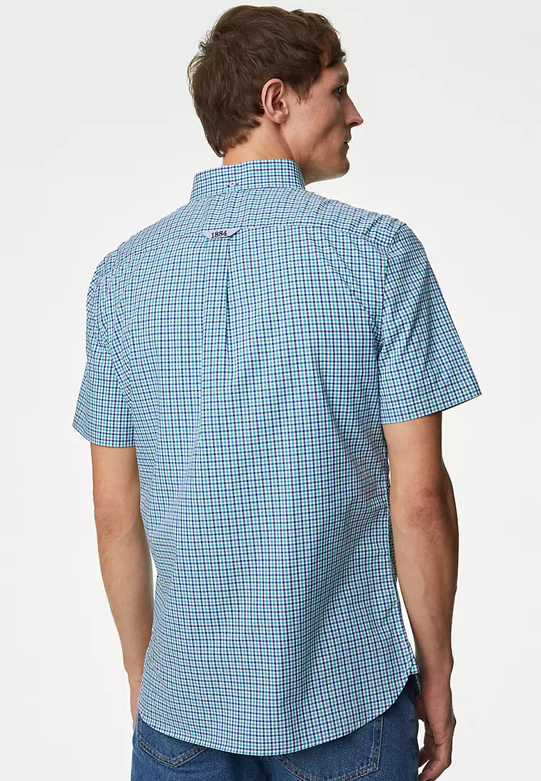 Easy Iron Cotton Stretch Gingham Check Oxford Shirt