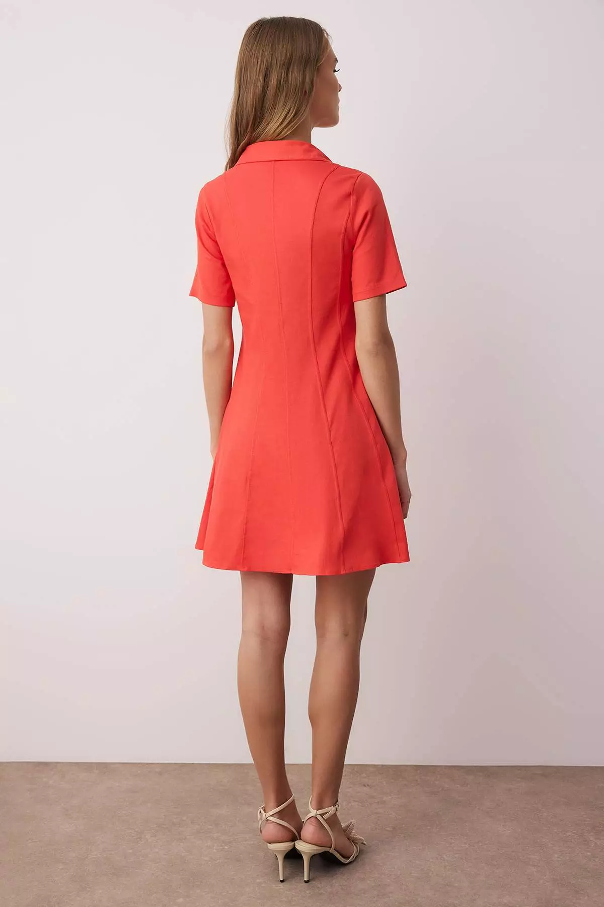 Red Straight Skirt Waist Opening Stitching Detail Mini Dress