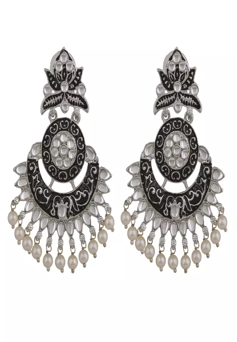 Estele Rhodium Plated Glorious Traditional Black Meenakari Drop Earrings With Pearl For Women