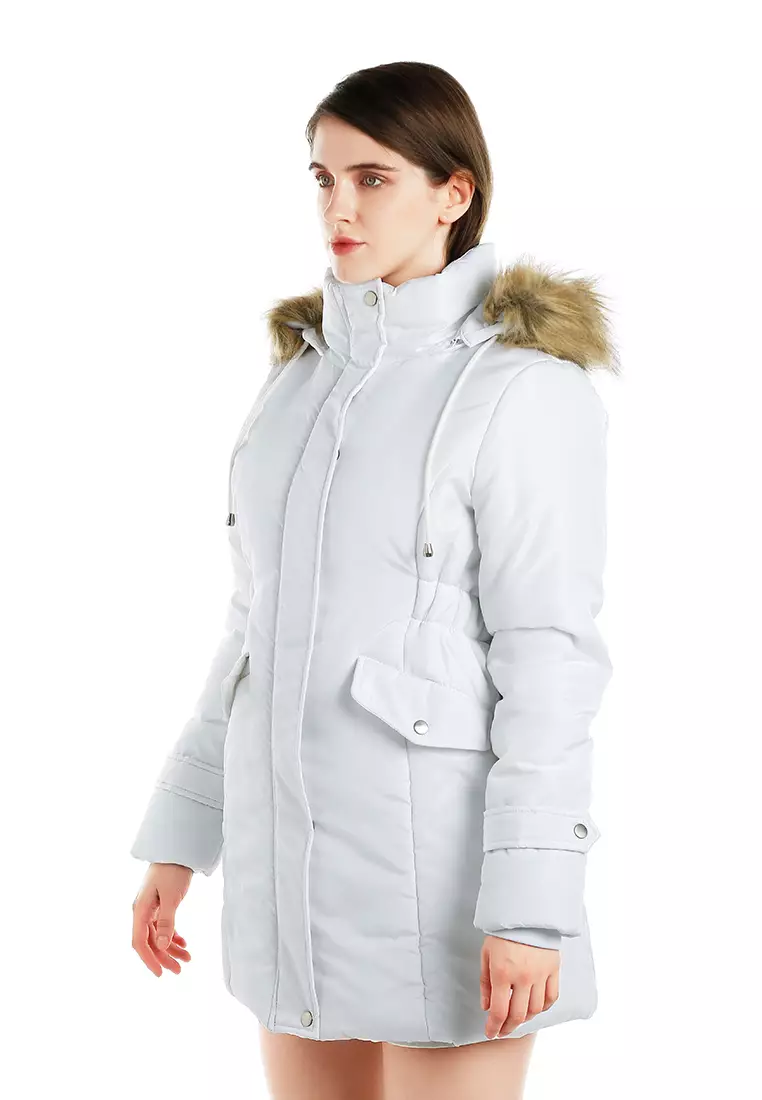 Faux Fur Collar Long Puffer Jacket in White