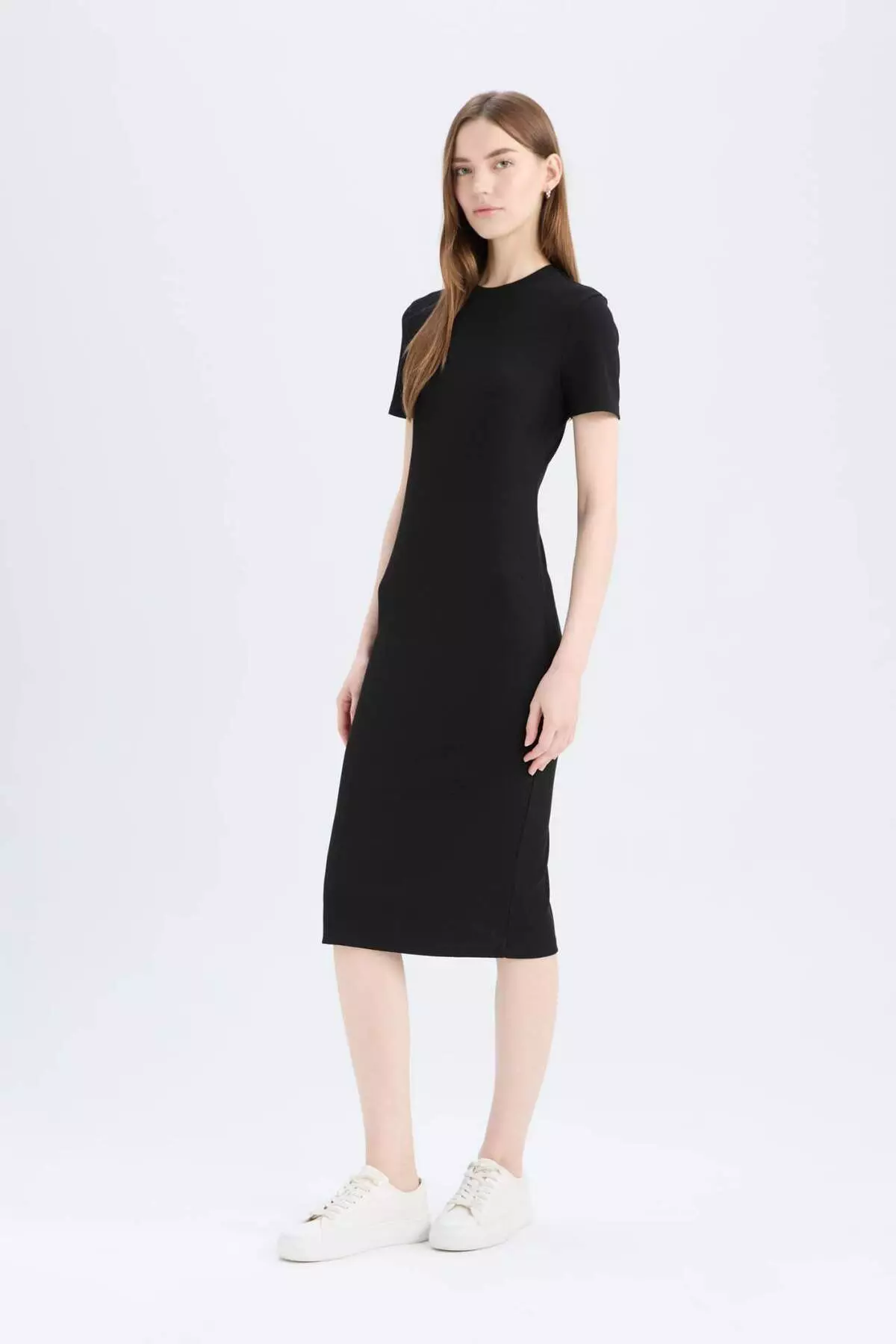 Bodycon Body Hugging Crew Neck Basic Plain Ribbed Camisole Short Sleeve Midi Dress E6926Ax25Sp