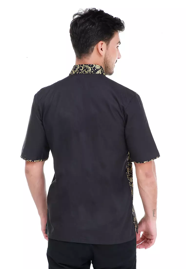 Dwan Kemeja Batik Pria Right Side Atasan Formal Shortsleeve Shirt Material Cotton ORIGINAL - Black