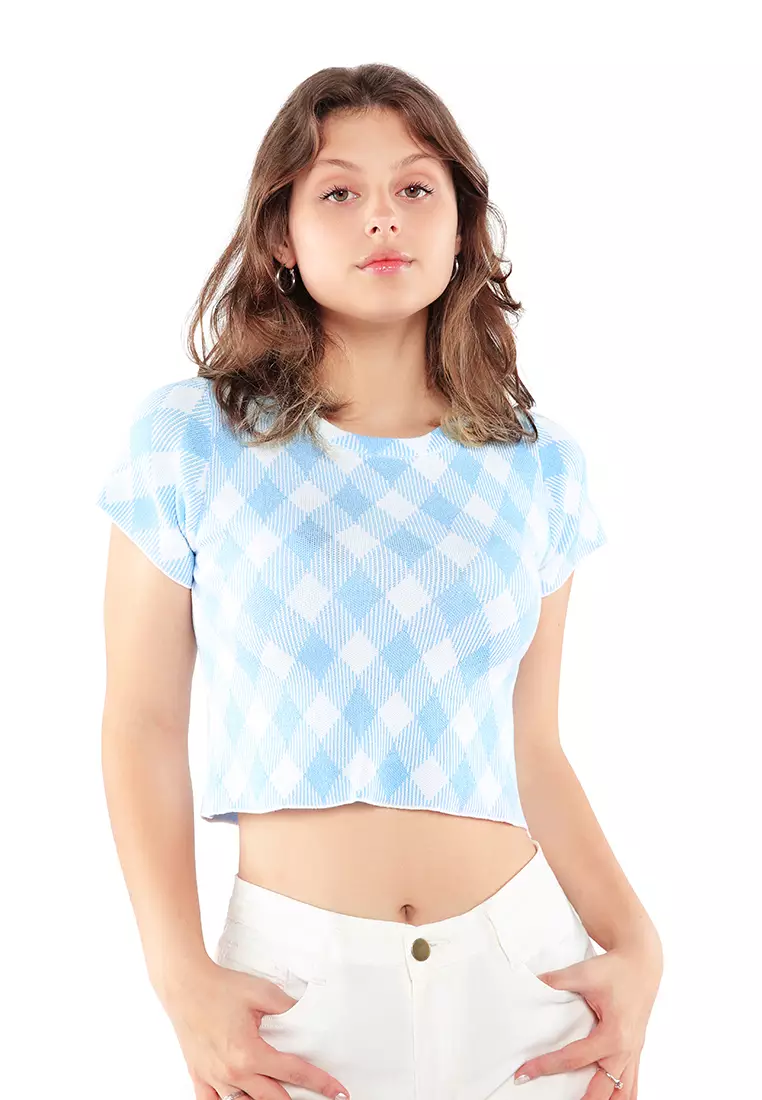 Crop Top Kotak-kotak Kasual Biru