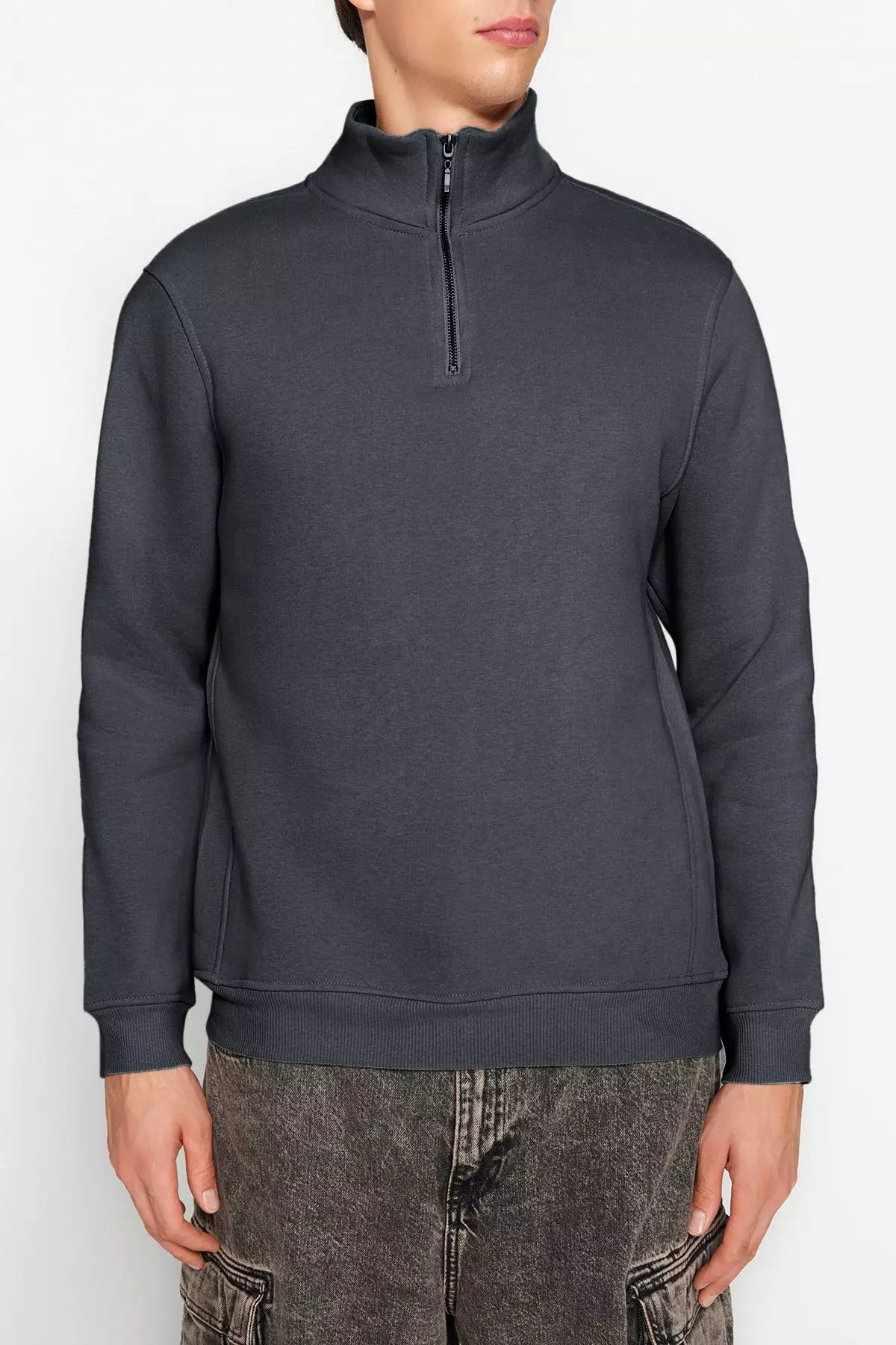 Anthracite Regular/Normal Cut Stand Collar Zippered Warm Basic Sweatshirt TMNAW24SW00041