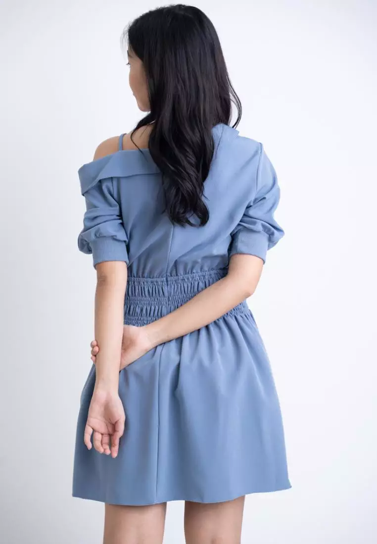 SIDE SHOULDER WITH ELASTICITY WAISTBAND DRESS