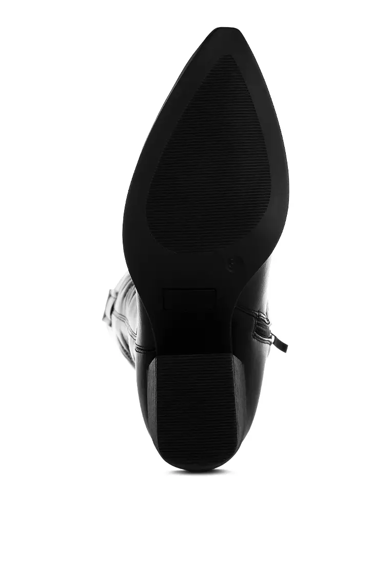 Sepatu bot koboi panjang berbahan kulit imitasi berwarna hitam