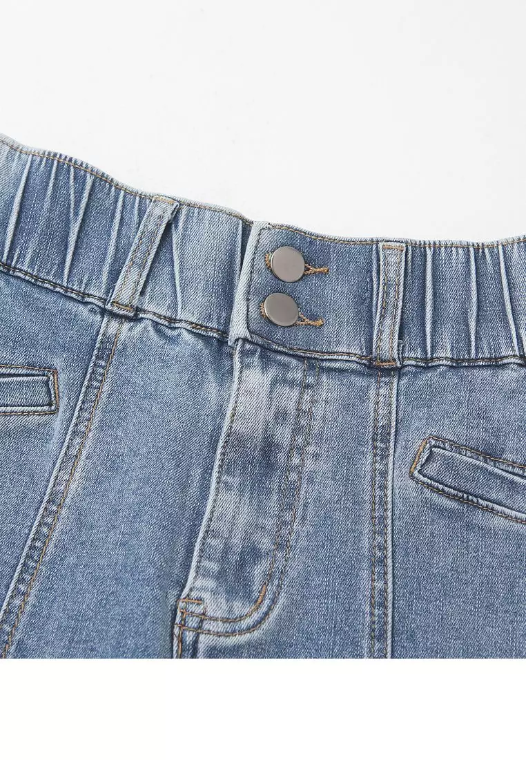 視覺細-5KG．彈力高腰造型口袋喇叭牛仔顯瘦褲《BA7587》