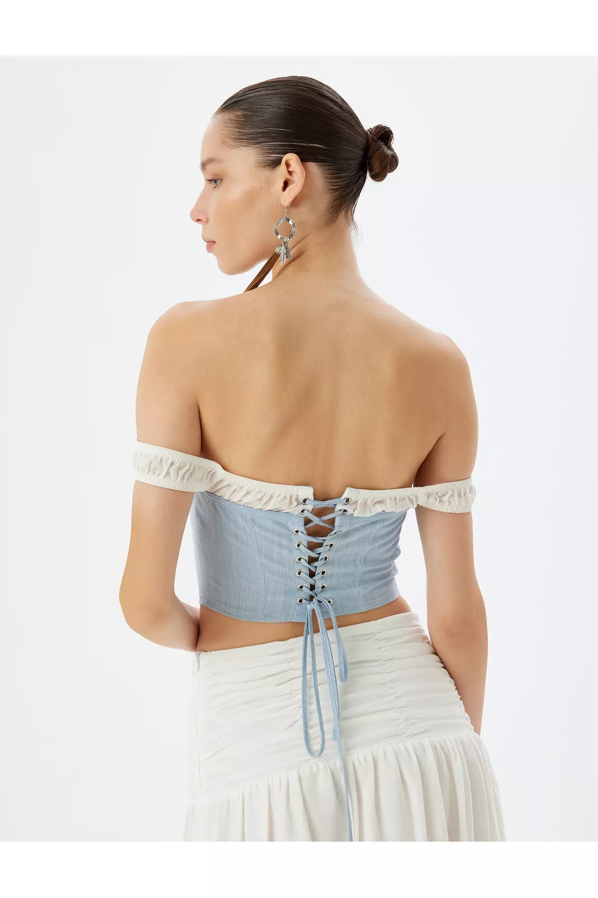 Off Shoulder Slim Fit Crop Blouse Buttoned Boat Neck