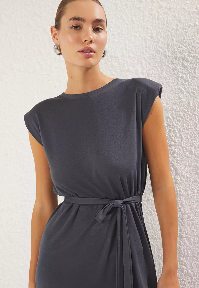Anthracite Plain Padded Maxi Padded Crew Neck Shift/Straight Cut Knit Dress TWOSS25EL00329