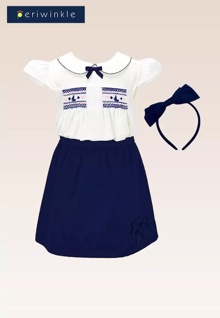 Ines  Girls 2-pc Smock with Embroidery Top and Skirt with headband