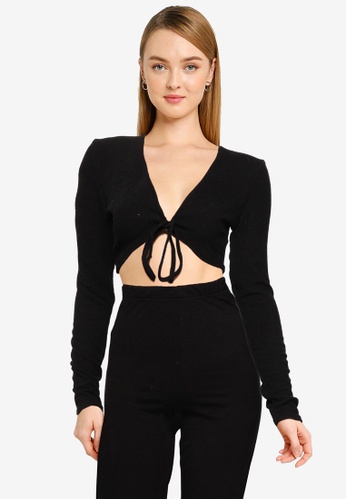 MISSGUIDED black Sculpted Rib Long Sleeve Ruched Front Crop Top 90A49AA999CDF7GS_1