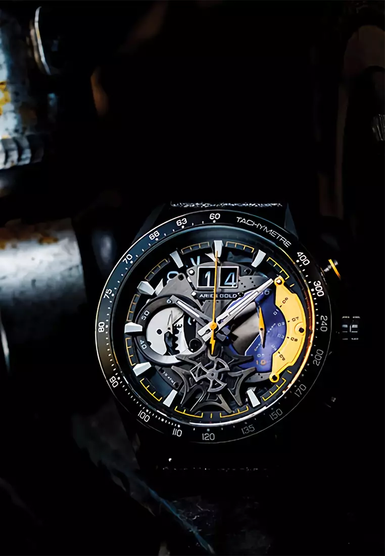 Aries Gold Jolter - Jam Tangan Chronograph Pria - Black Yellow - Leather Strap - G 7008