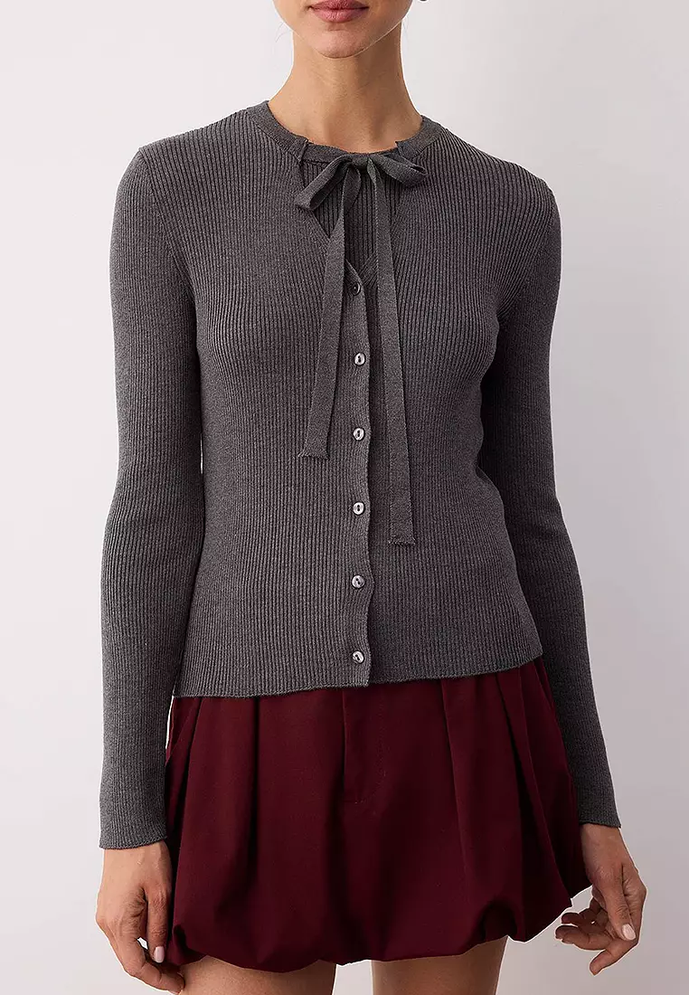 Dark Gray Mercerized-Look Collar Tie Detailed Fitted/Full-Size Knitwear Cardigan