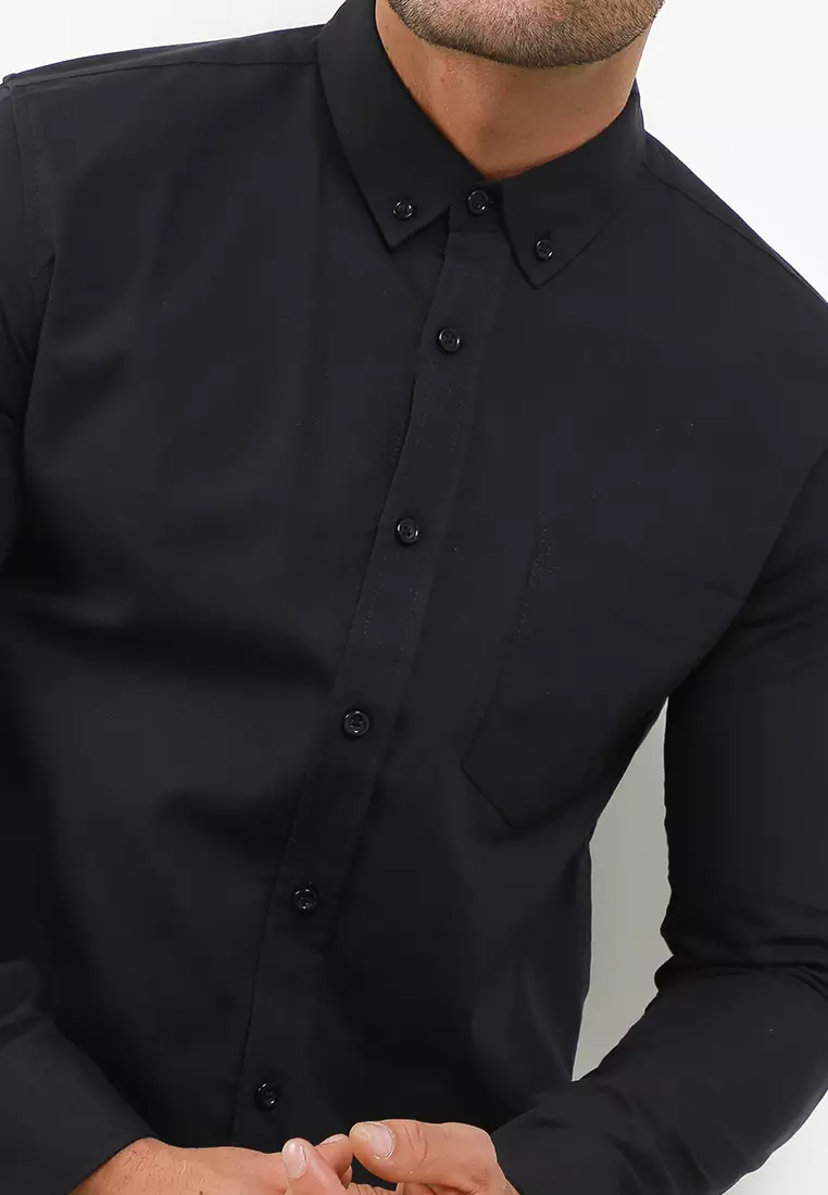 Cotton Well Long Sleeve Oxford Black | Kemeja Lengan Panjang Basic Polos Hitam