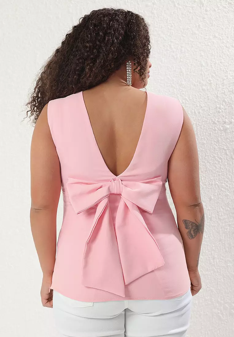 Pink Sleeveless Backless Bowknot Stylish Woven Plus Size Blouse TBBSS25AF00089