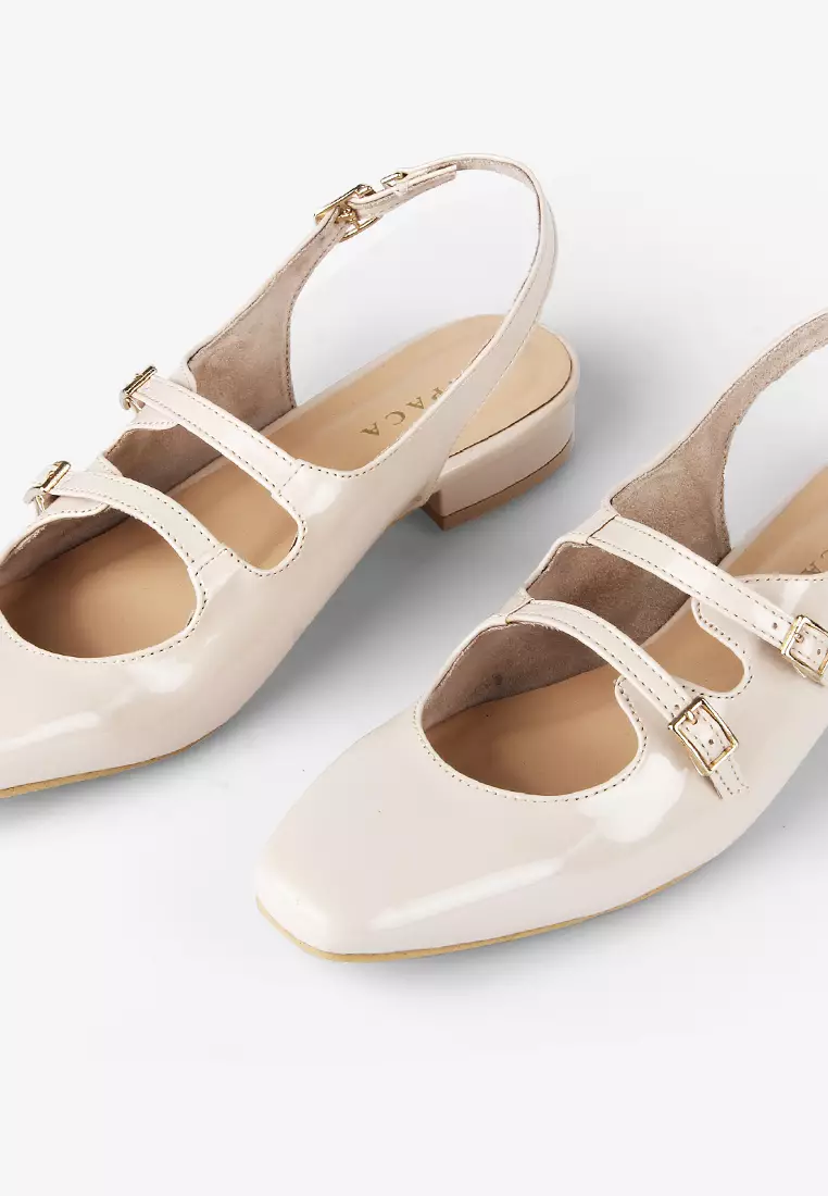 Emily Mary Jane Flat Shoes with Sling Back in Vanilla