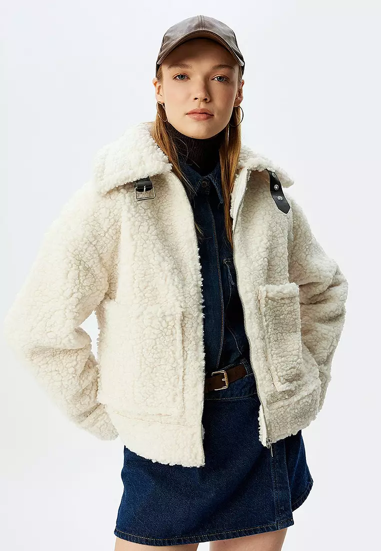 KOTON Shirt Collar Faux Suede Lined Pocket Detailed Zippered Plush Coat