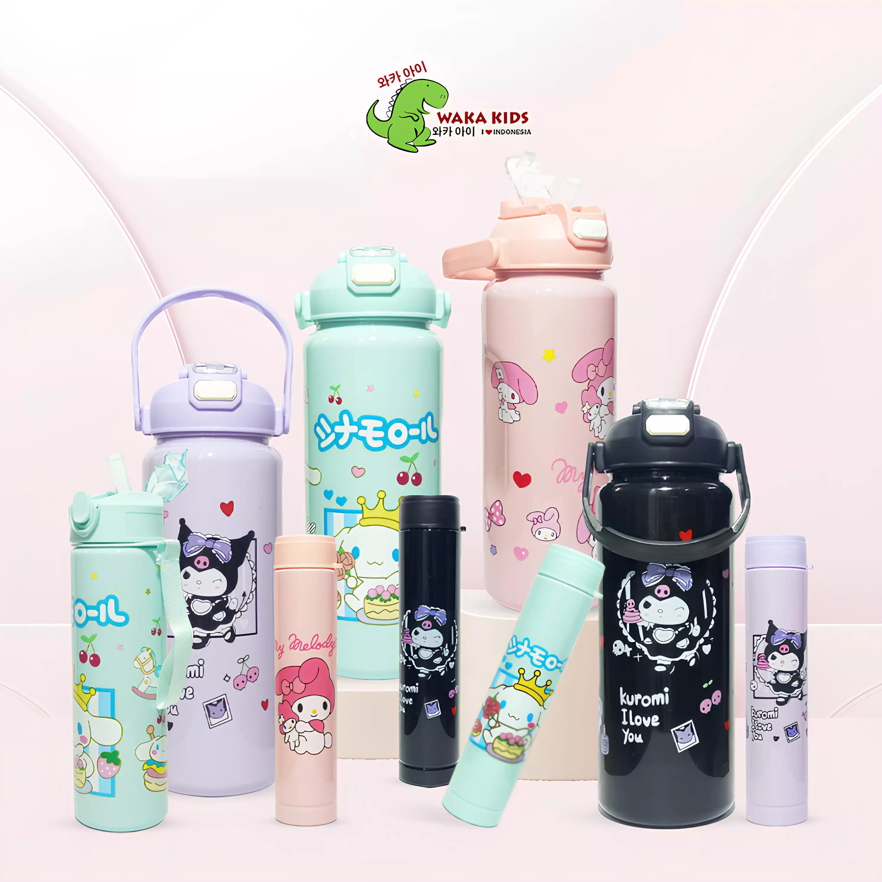 Wakakids Botol Minum Plastik Anak Karakter Sanrio Cinnamoroll Set 3in1 Dua Cara Minum K308 Venrc Hijau