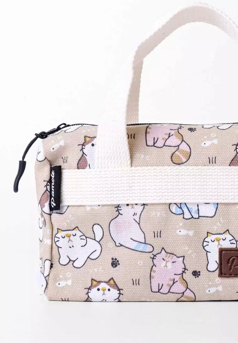 Pamole Pouch Kosmetik Bahan Kanvas Penutup Resleting - PMU Kucing Coklat