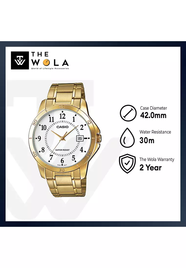 Men Analog Watch MTP-V004G-7B Gold Stainless Steel Strap