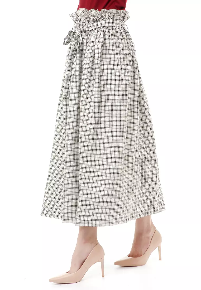Amel Long Skirt Bawahan Wanita Motif Kotak-Kotak Regular Fit - White