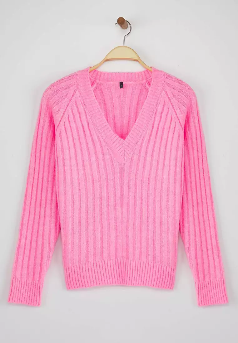 Wardrobe Essentials Pink Soft Textured Ribbed Knit Sweater