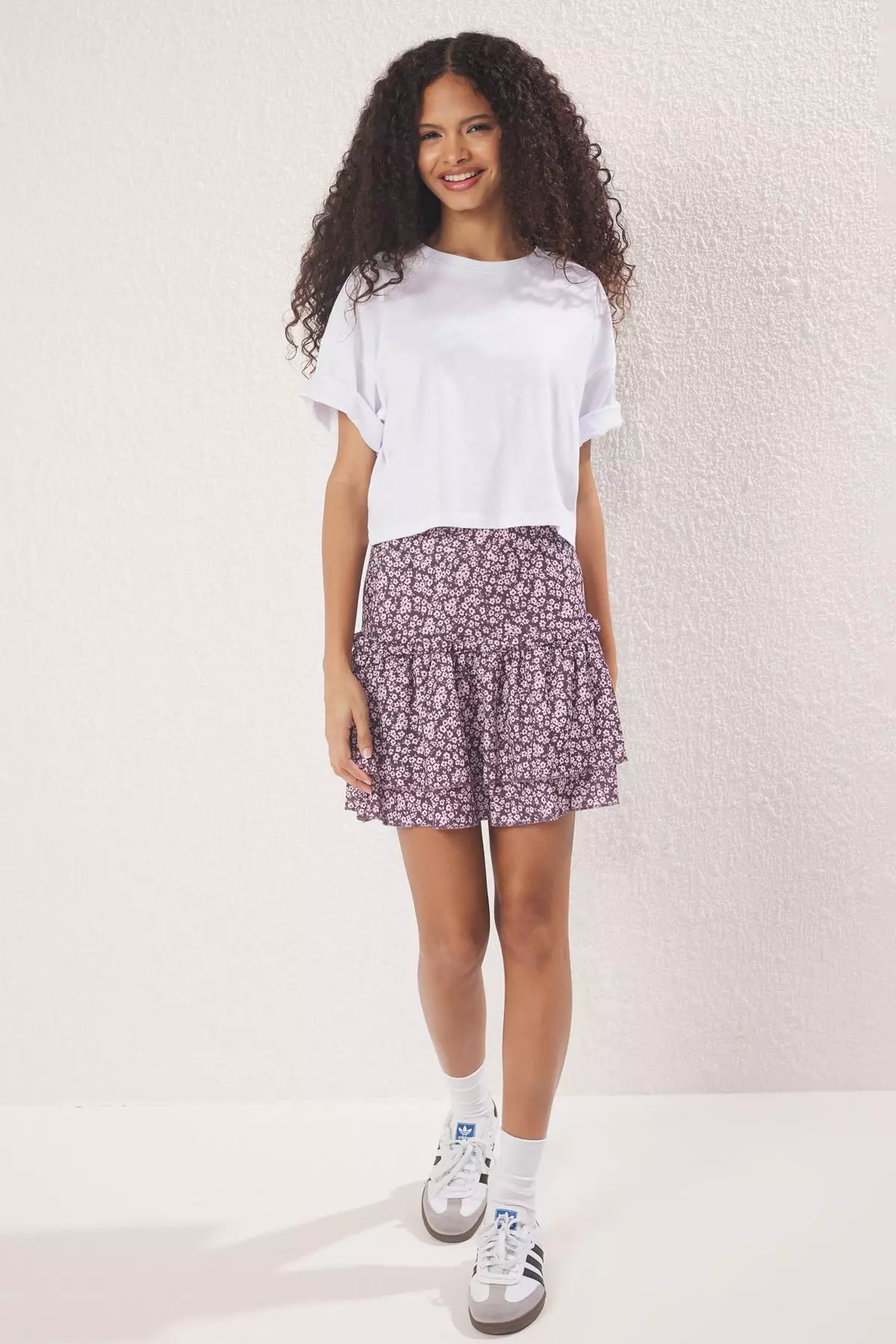 Purple Floral Printed Flounce Skirt Frilled Mini Knitted Skirt Twoss25Et00152