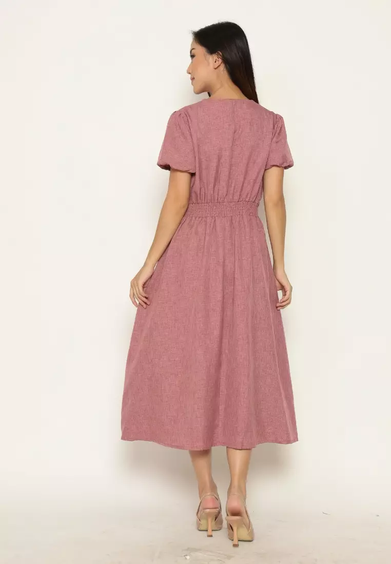 Urban Exchange Jasmine Dress Pink - Midi Dress Puff Sleeves