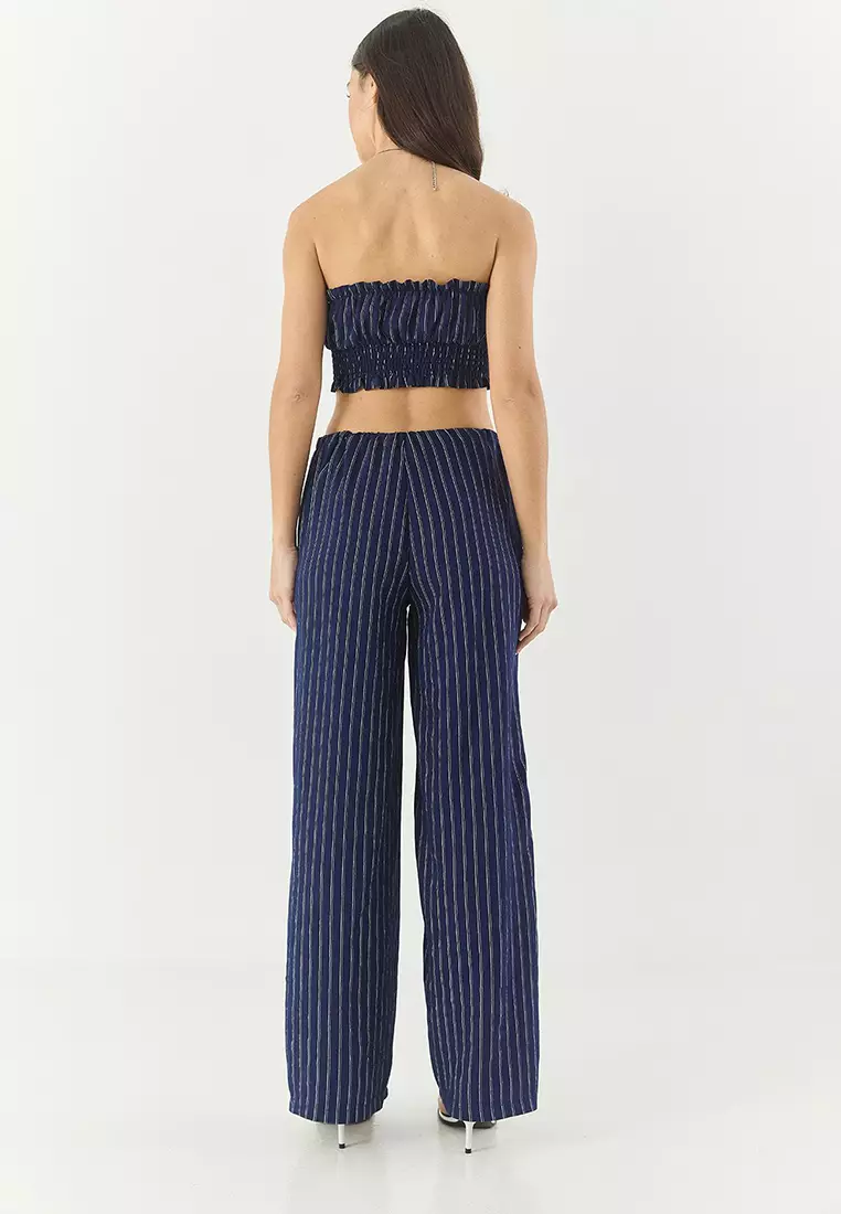 Women's Striped Gipe Detailed Crop Top Waist Drawstring Wide Leg Pants Bottom-Top Suit 60283262