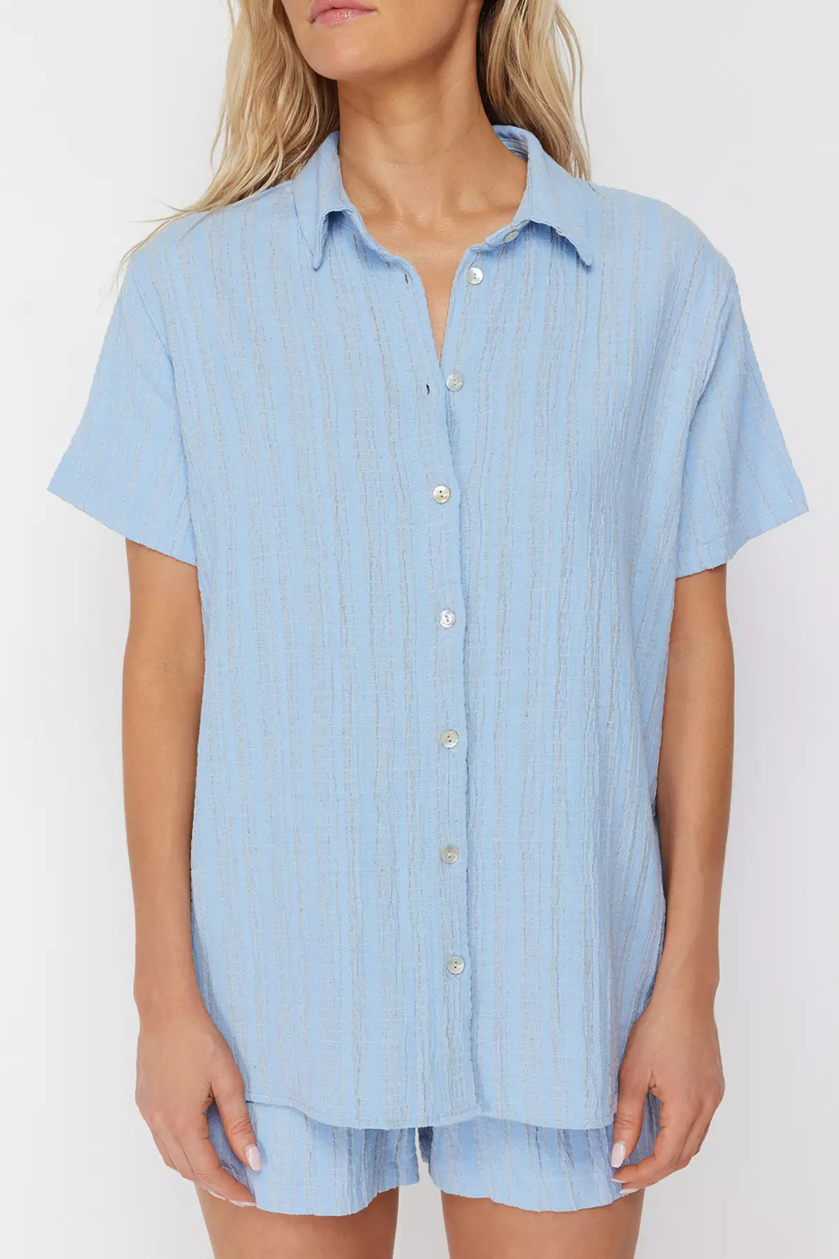 Blue Woven Linen Blend Shirt Shorts Beach Set