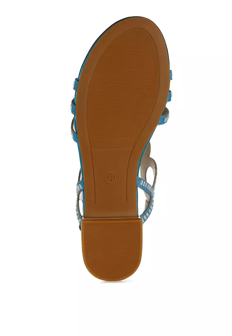 Sandal Datar Berlian Imitasi Detail Potongan Warna Biru Denim