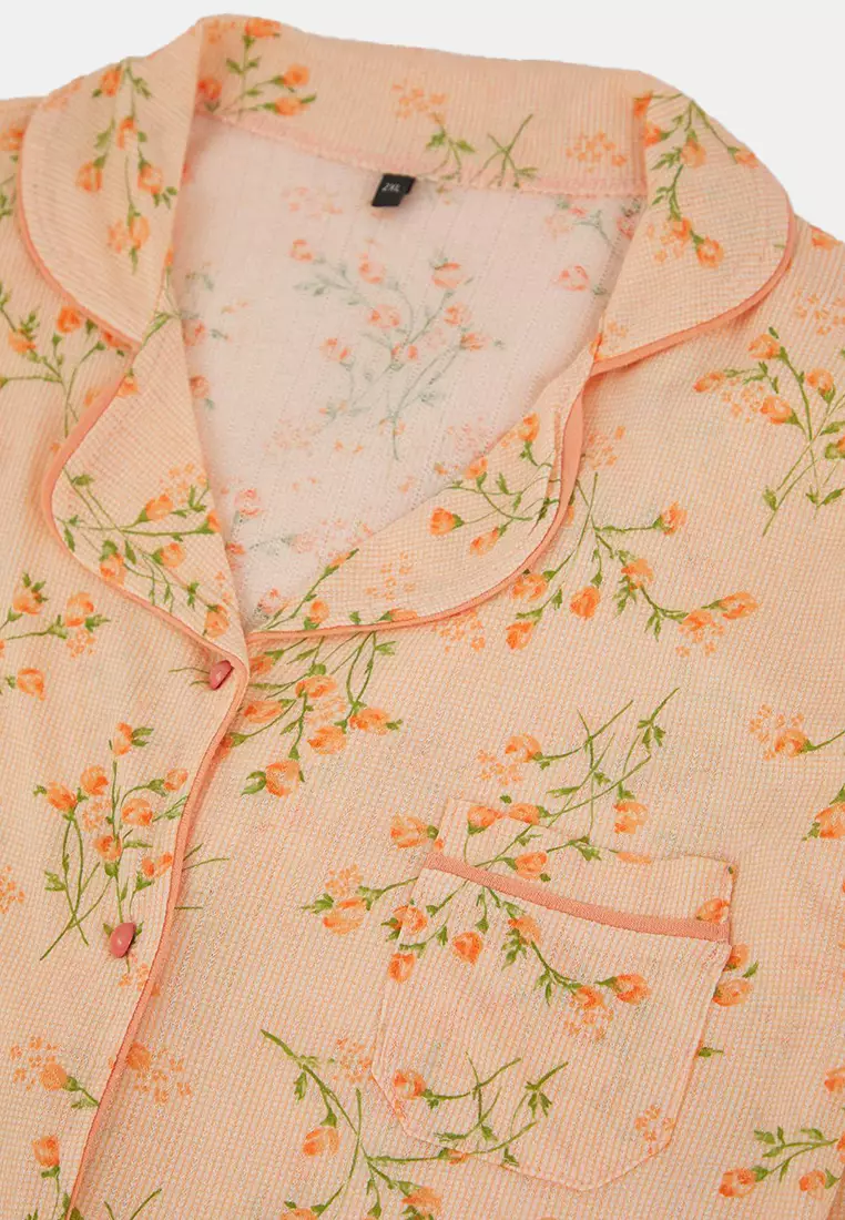 Orange Floral Patterned Shirt Collar Textured Knitted Pajama Set
