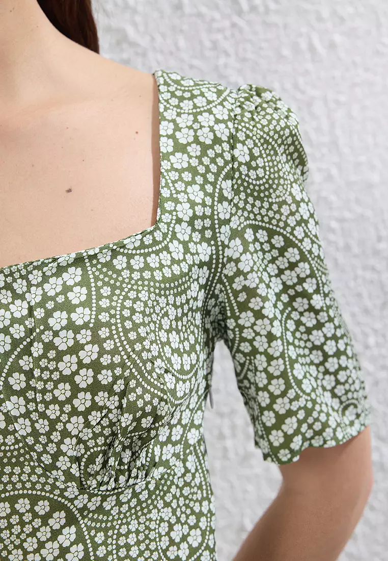 Green A-Line Shawl Patterned Midi Woven Dress TWOSS23EL00487