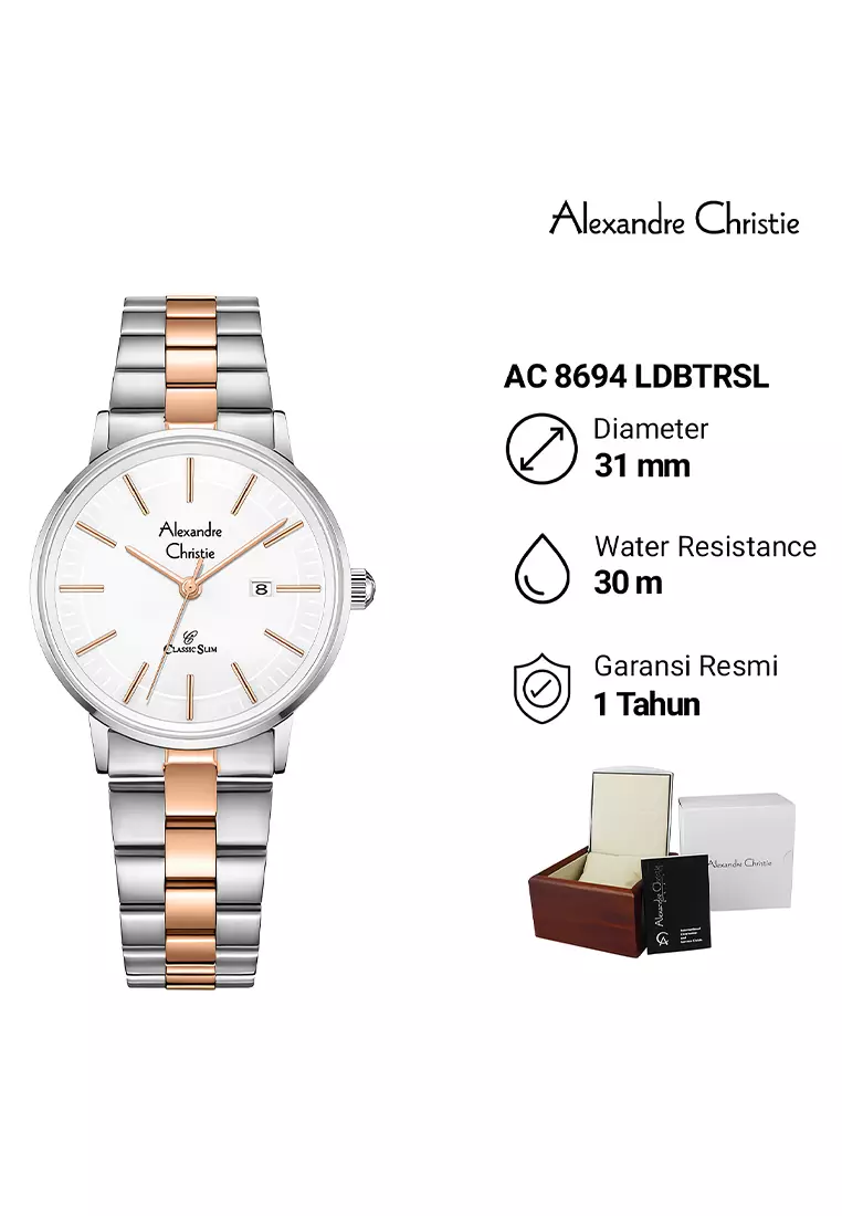Alexandre Christie Classic Slim Jam Tangan Analog Wanita Silver Rosegold Stainless Steel - 8694LDBTRSL
