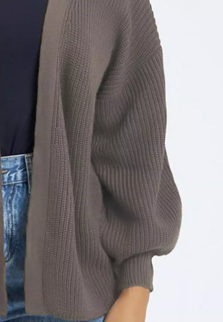 Balloon Sleeve Knit Cardigan in Khaki