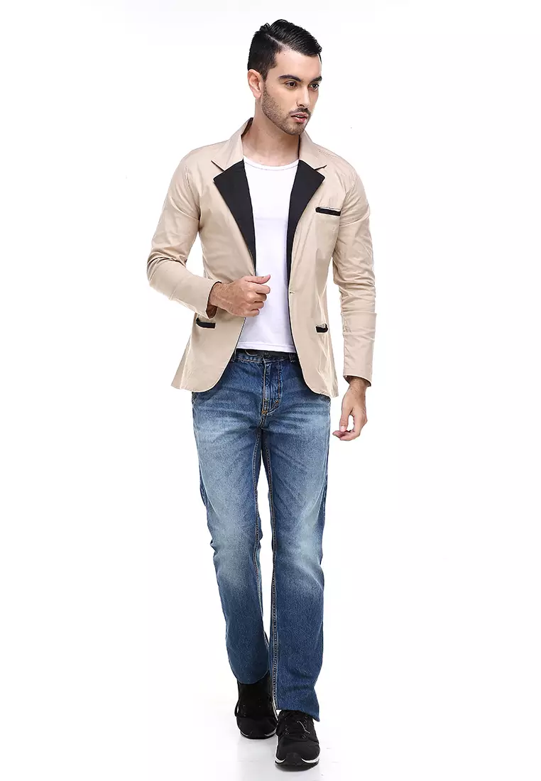 Woreq Blazer Pria Pockets Two Tone Formal Material Cotton Stretch ORIGINAL - Cream