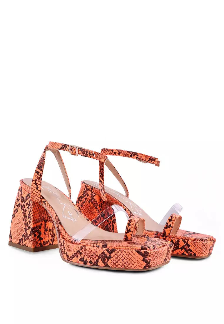 Orange Snake Pattern Block Heeled Sandals
