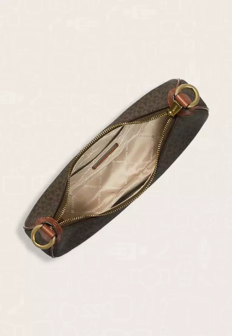 Michael Kors Cora Large Signature Logo Shoulder Bag Zip Pouchette Brown