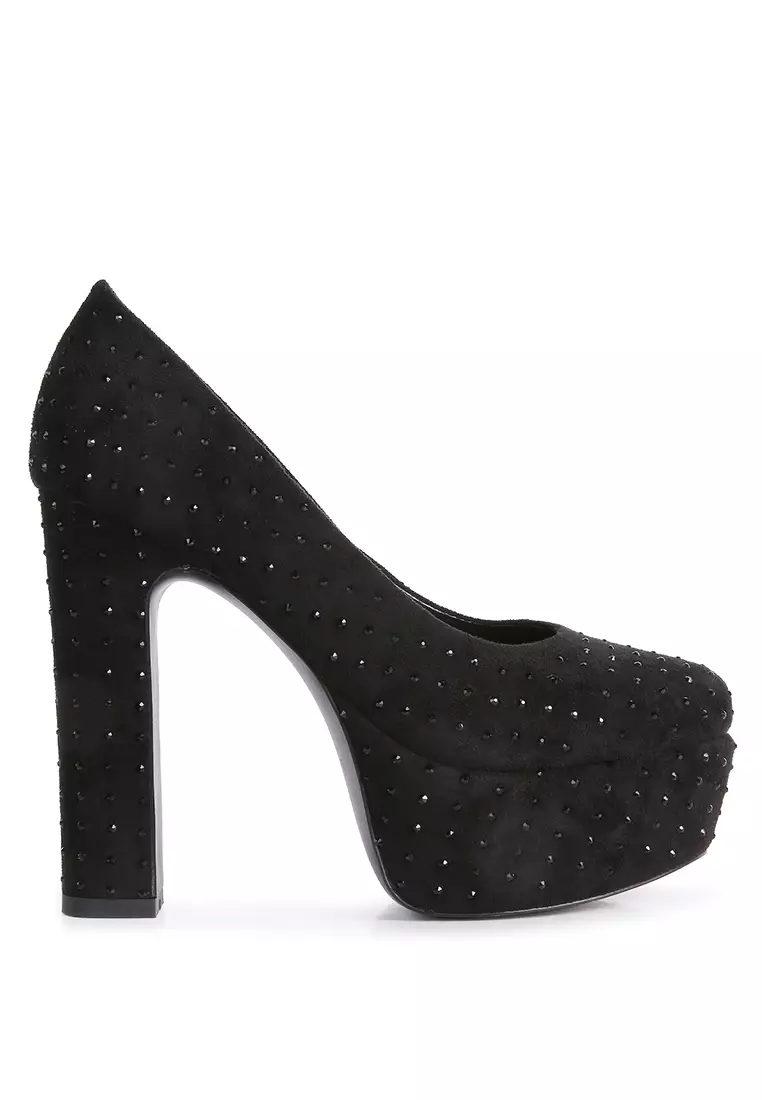 Discount on Rag & Co.  shoes - SKU: Black Diamante Platform Heel Block Pumps