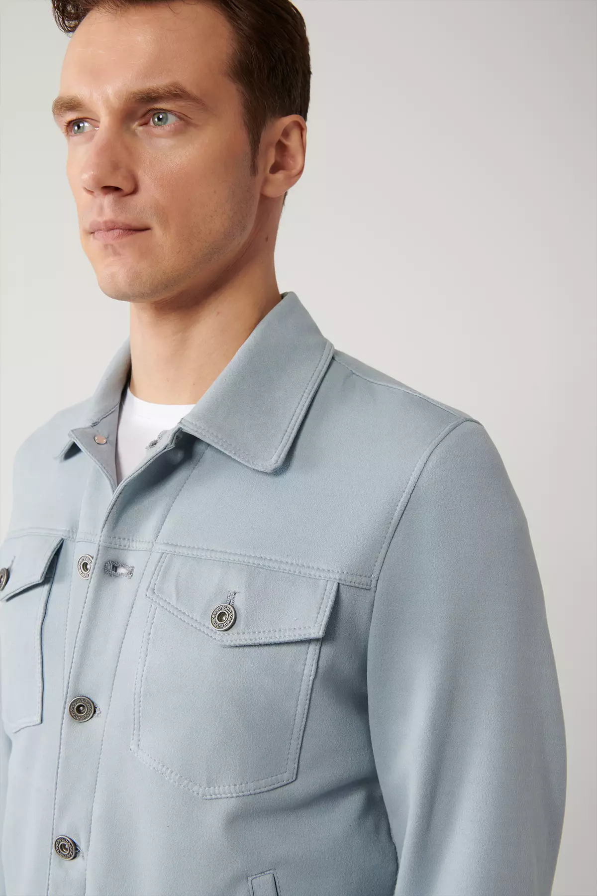 Men'S Blue Classic Collar Suede Look Pocket Jacket A41Y6011