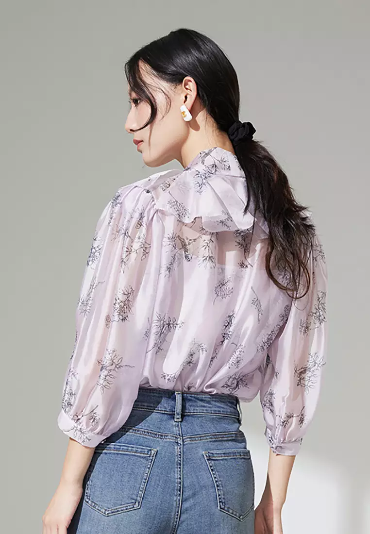 Floral Chiffon Blouse with Front Ribbon Tie