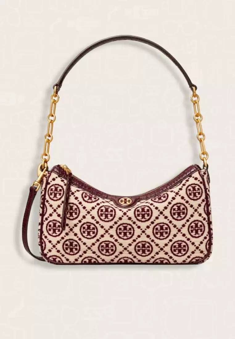 Tory Burch T Monogram Chenille Studio Bag Claret New Cream