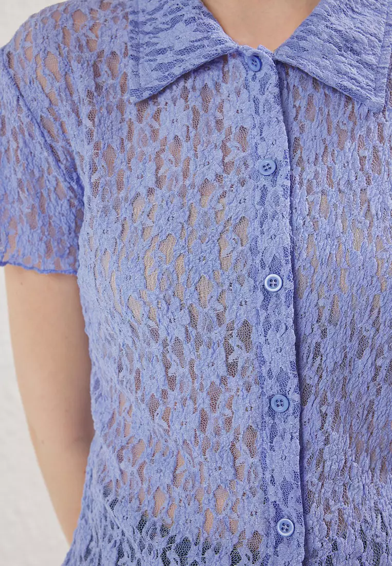 Light Blue Polo Neck Lace Fitted/Fits Body Flexible Knitted Blouse Twoss25Bz00407