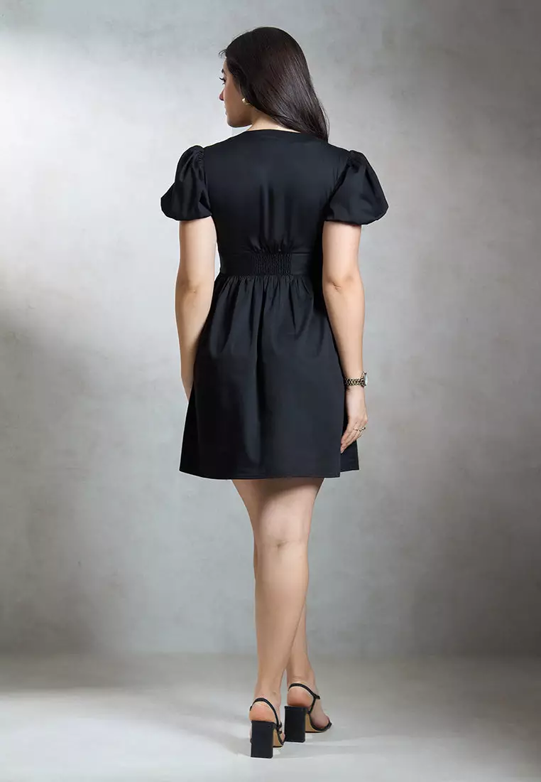 VIRGIO Cotton Stretch Black Mini Bow Dress