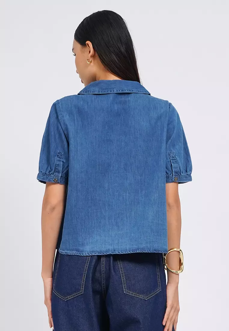 Puff Sleeves Chambray Blouse MED BLUE