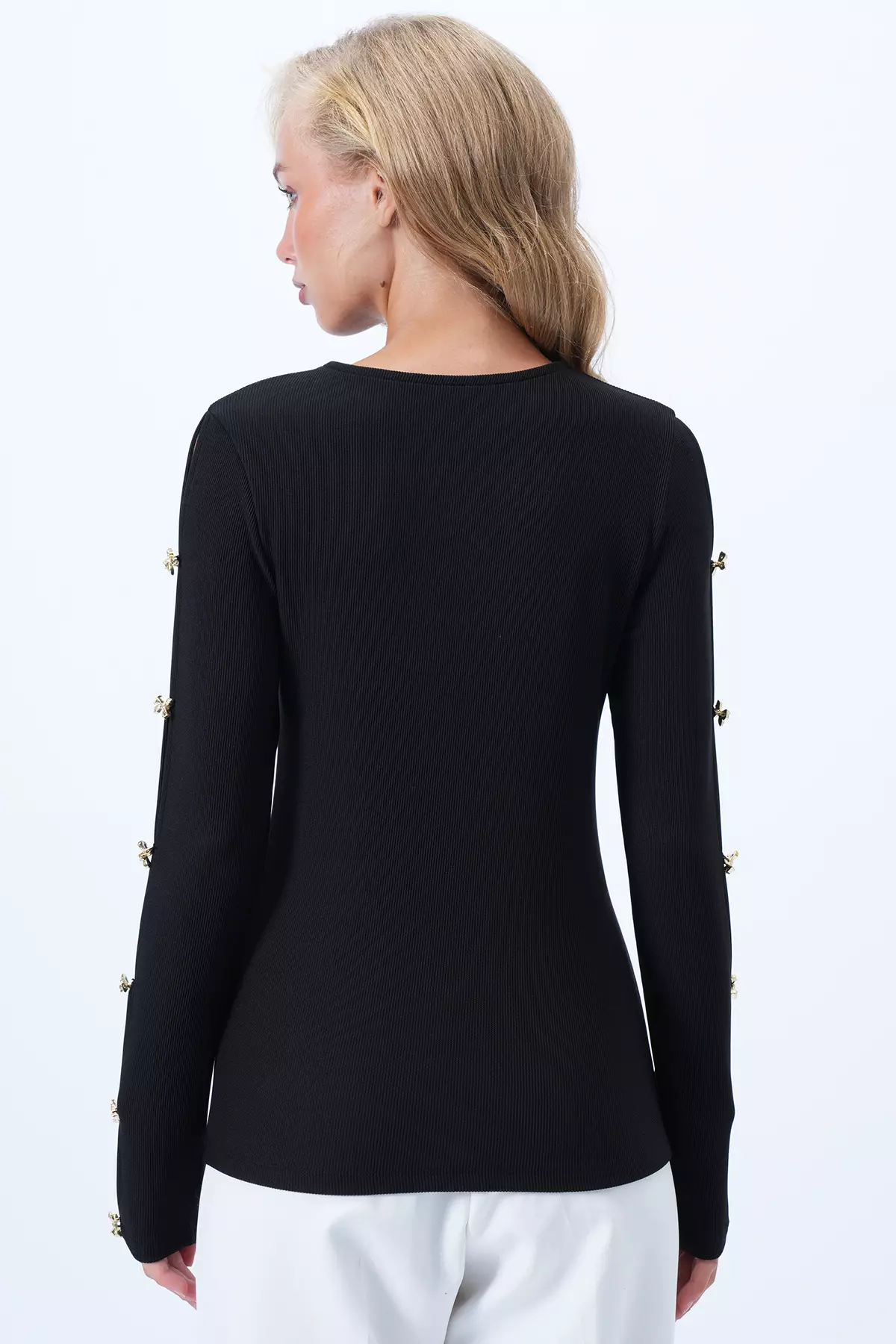 Women's Black Crew Neck Sleeve Gold Button Detailed Ottoban Blouse Alc-X14336