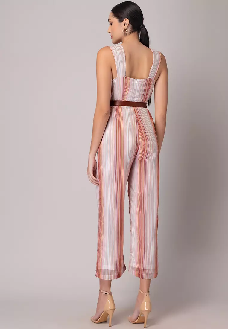 White And Brown Striped Jumpsuit With Belt