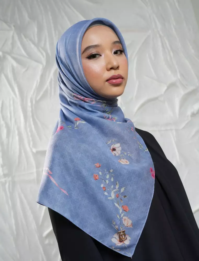 FLEUR Scarf Blue - Kerudung Hijab Segiempat Motif With BOX - Bahan Nesla - Ukuran 115x115